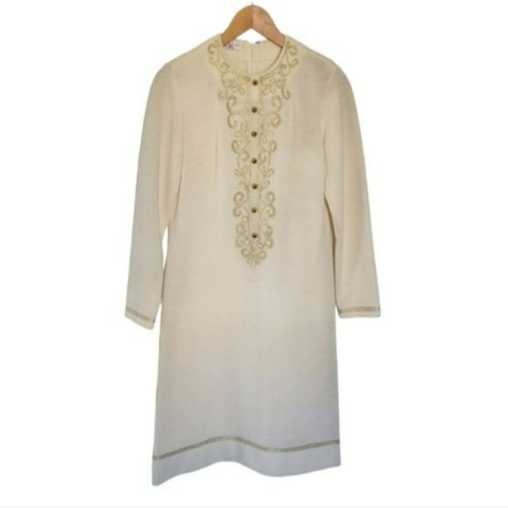 Vintage 1970s Embroidered Cream Dress Small